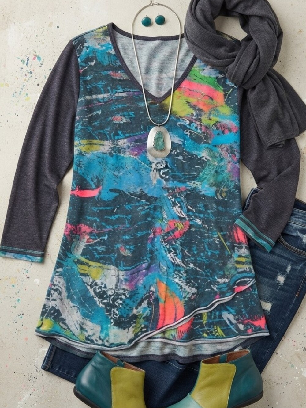 Parsley & Sage Colorful Vneck Long Sleeve Tunic Blouse Top